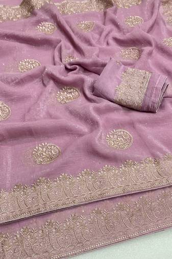 Lavender zari embroidery work crunchy saree with blouse