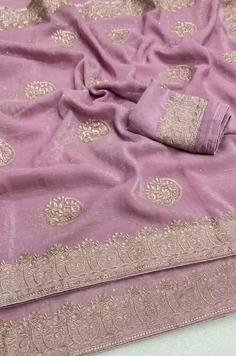 Lavender zari embroidery work crunchy saree with blouse