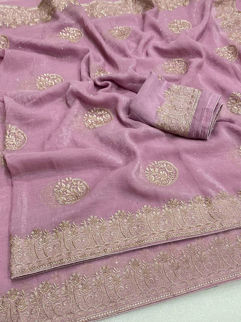 Lavender zari embroidery work crunchy saree with blouse