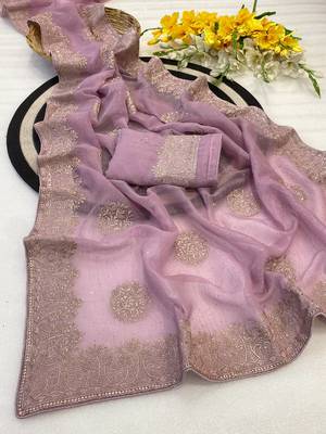Lavender zari embroidery work crunchy saree with blouse 2