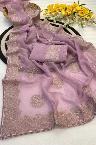 Lavender zari embroidery work crunchy saree with blouse