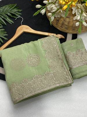 Pista zari embroidery work crunchy saree with blouse 1