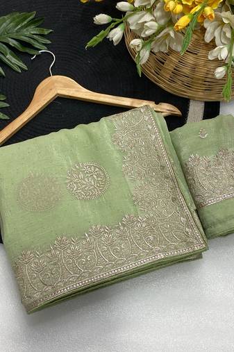 Pista zari embroidery work crunchy saree with blouse