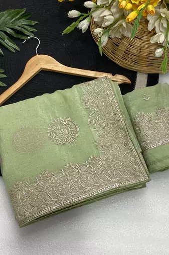 Pista zari embroidery work crunchy saree with blouse