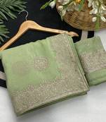Pista zari embroidery work crunchy saree with blouse