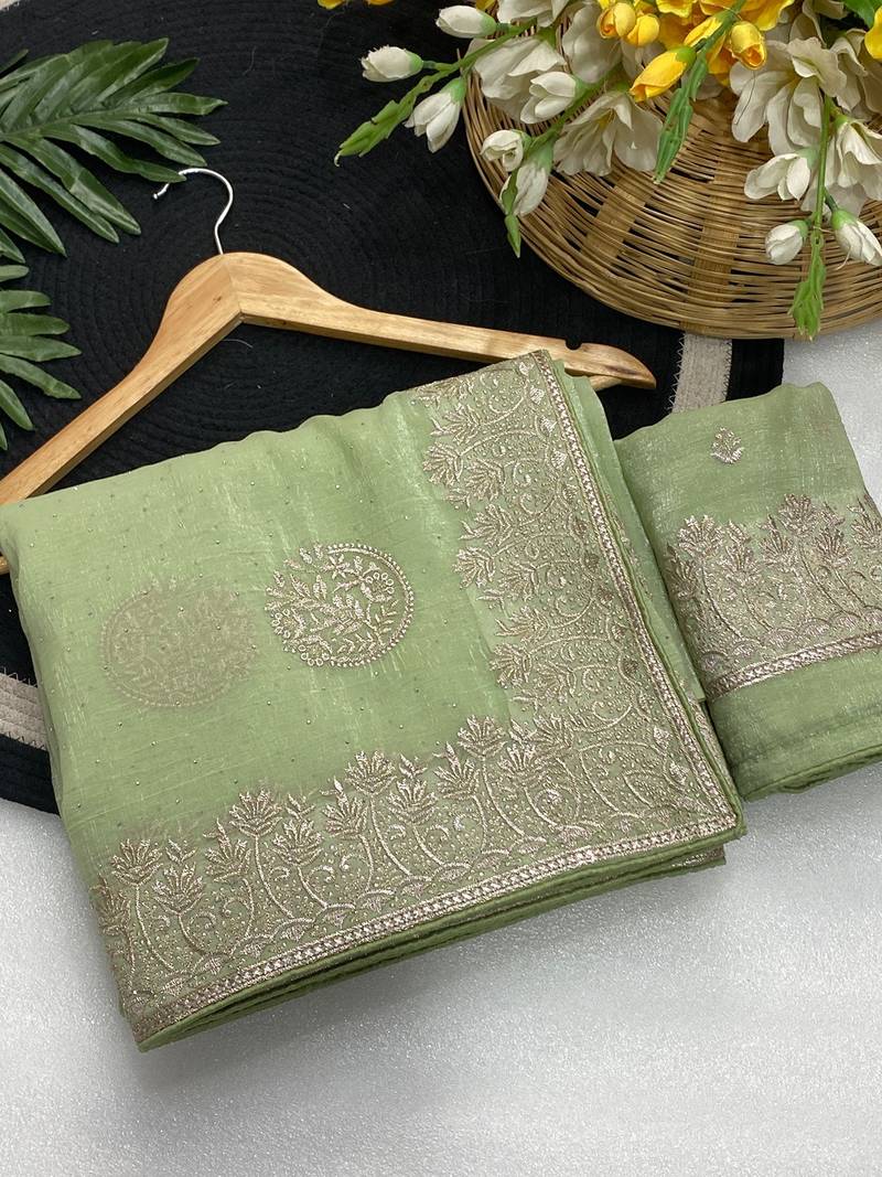 Pista zari embroidery work crunchy saree with blouse