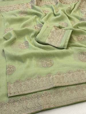 Pista zari embroidery work crunchy saree with blouse 2
