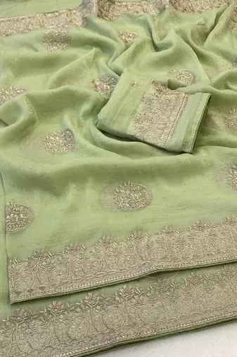 Pista zari embroidery work crunchy saree with blouse
