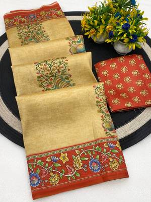 Chikoo digital print zarna silk blend saree with blouse 1