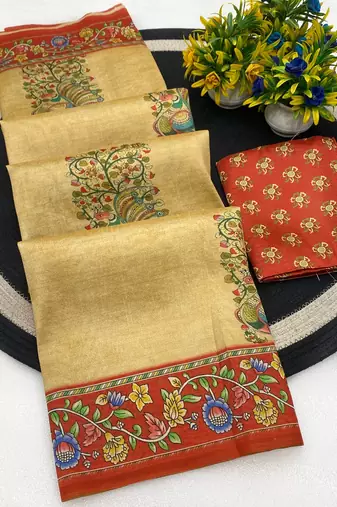 Chikoo digital print zarna silk blend saree with blouse