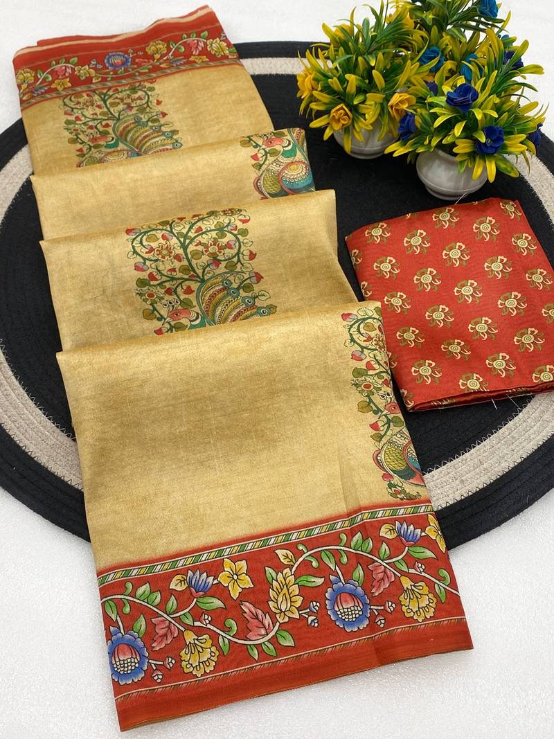 Chikoo digital print zarna silk blend saree with blouse