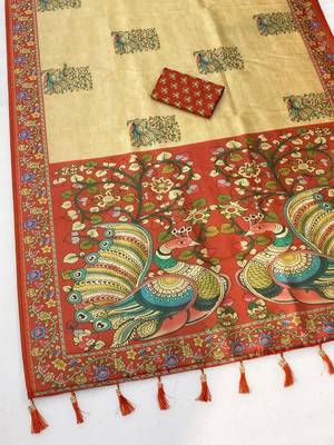 Chikoo digital print zarna silk blend saree with blouse 2
