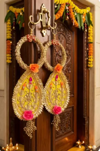 handmade shubh labh patch lace bangle pearl door hanging decor (pack of 2)