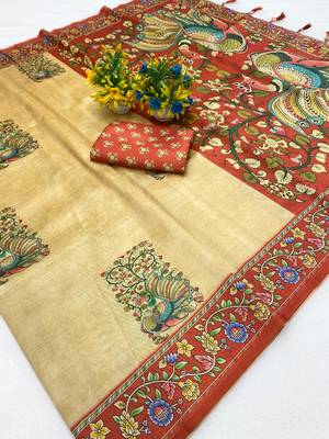 Chikoo digital print zarna silk blend saree with blouse 3
