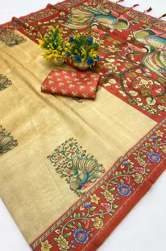 Chikoo digital print zarna silk blend saree with blouse