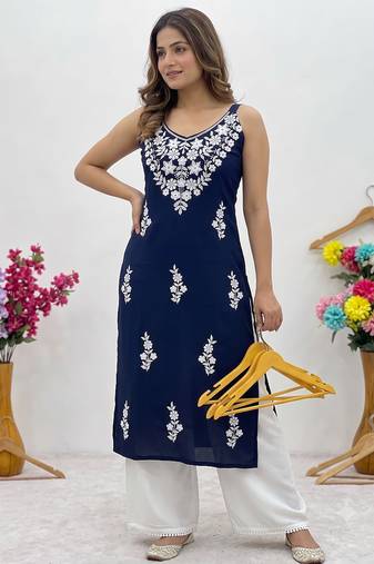 Blue embroidered sleeveless kurti with white palazzo set for women