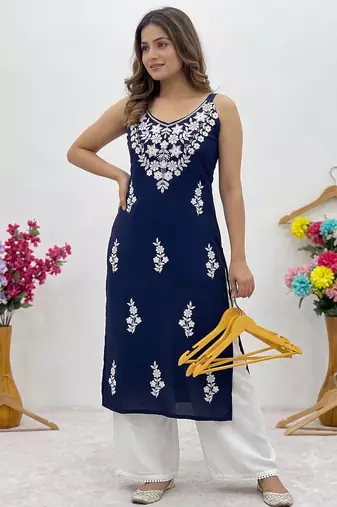 Blue embroidered sleeveless kurti with white palazzo set for women