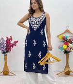 Blue embroidered sleeveless kurti with white palazzo set for women