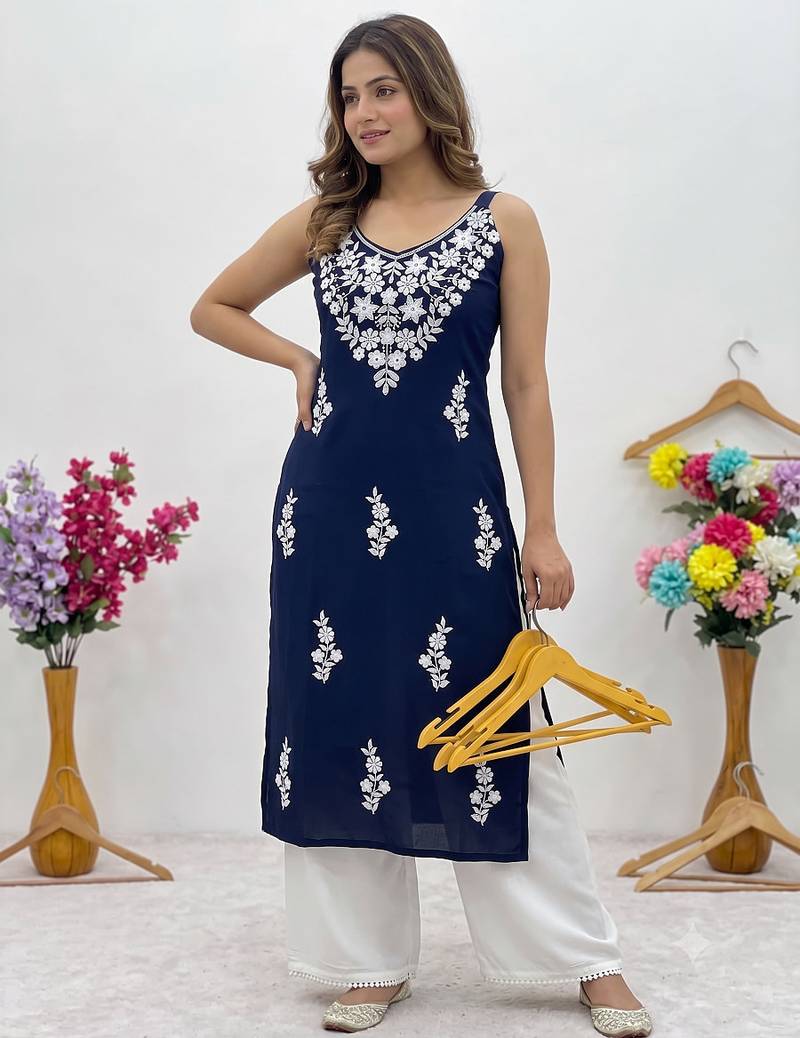 Blue embroidered sleeveless kurti with white palazzo set for women