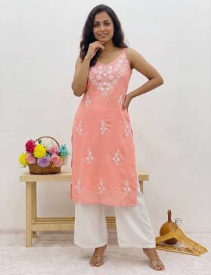 Peach embroidered sleeveless kurti with white palazzo set for women 3