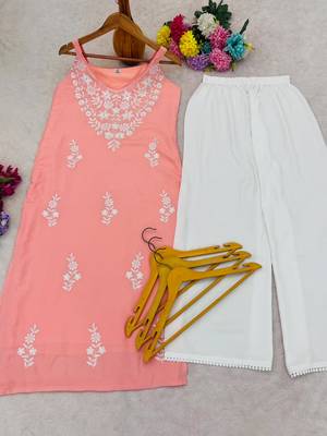 Peach embroidered sleeveless kurti with white palazzo set for women 4
