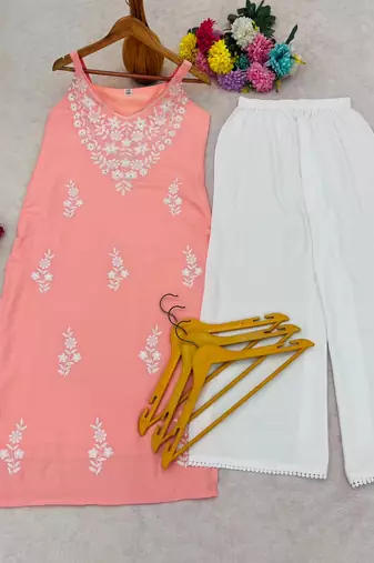 Peach embroidered sleeveless kurti with white palazzo set for women