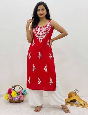 Red embroidered sleeveless kurti with white palazzo set for women 1