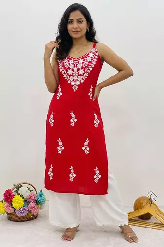 Red embroidered sleeveless kurti with white palazzo set for women