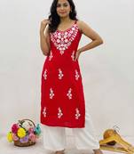 Red embroidered sleeveless kurti with white palazzo set for women