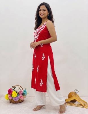 Red embroidered sleeveless kurti with white palazzo set for women 2
