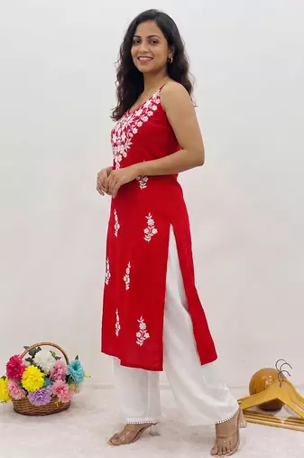 Red embroidered sleeveless kurti with white palazzo set for women