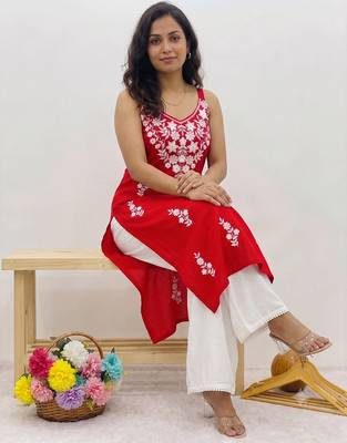 Red embroidered sleeveless kurti with white palazzo set for women 3