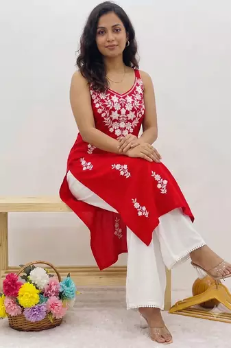 Red embroidered sleeveless kurti with white palazzo set for women