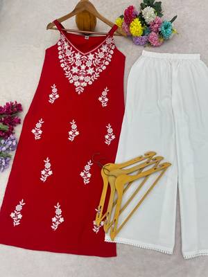 Red embroidered sleeveless kurti with white palazzo set for women 4