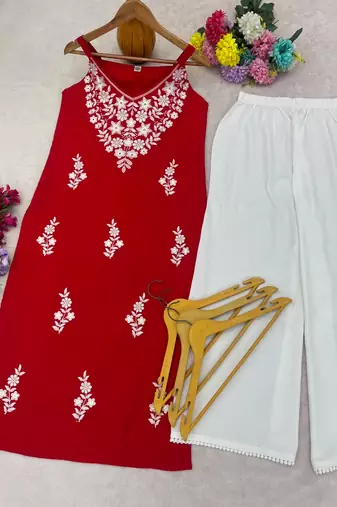 Red embroidered sleeveless kurti with white palazzo set for women