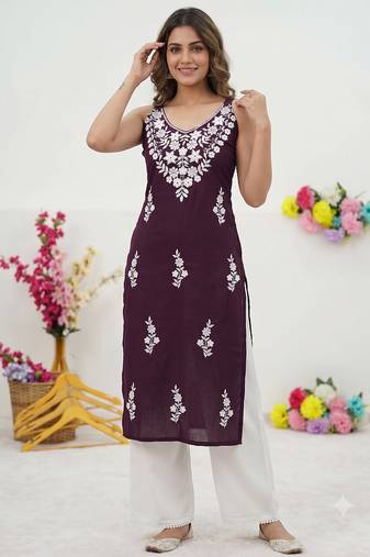 Wine embroidered sleeveless kurti with white palazzo set for women
