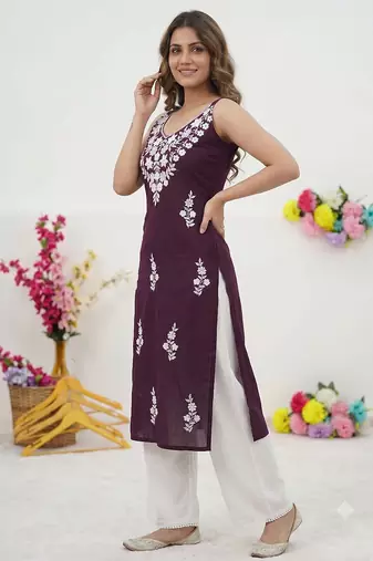 Wine embroidered sleeveless kurti with white palazzo set for women