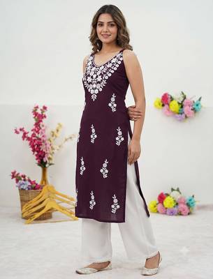 Wine embroidered sleeveless kurti with white palazzo set for women 3