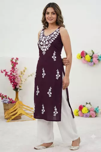 Wine embroidered sleeveless kurti with white palazzo set for women