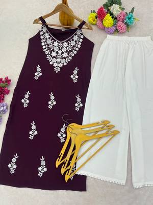 Wine embroidered sleeveless kurti with white palazzo set for women 4