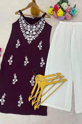 Wine embroidered sleeveless kurti with white palazzo set for women