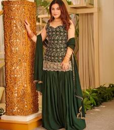 Dark green printed anarkali kurta set with dupatta