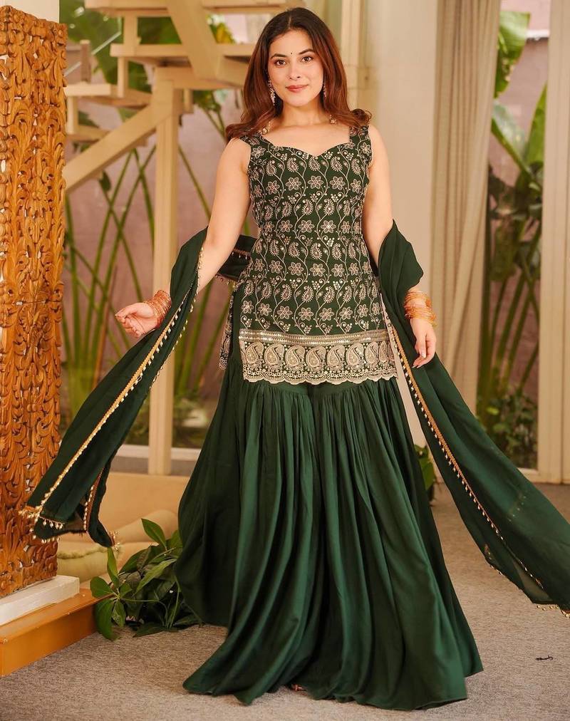 Dark green printed anarkali kurta set with dupatta