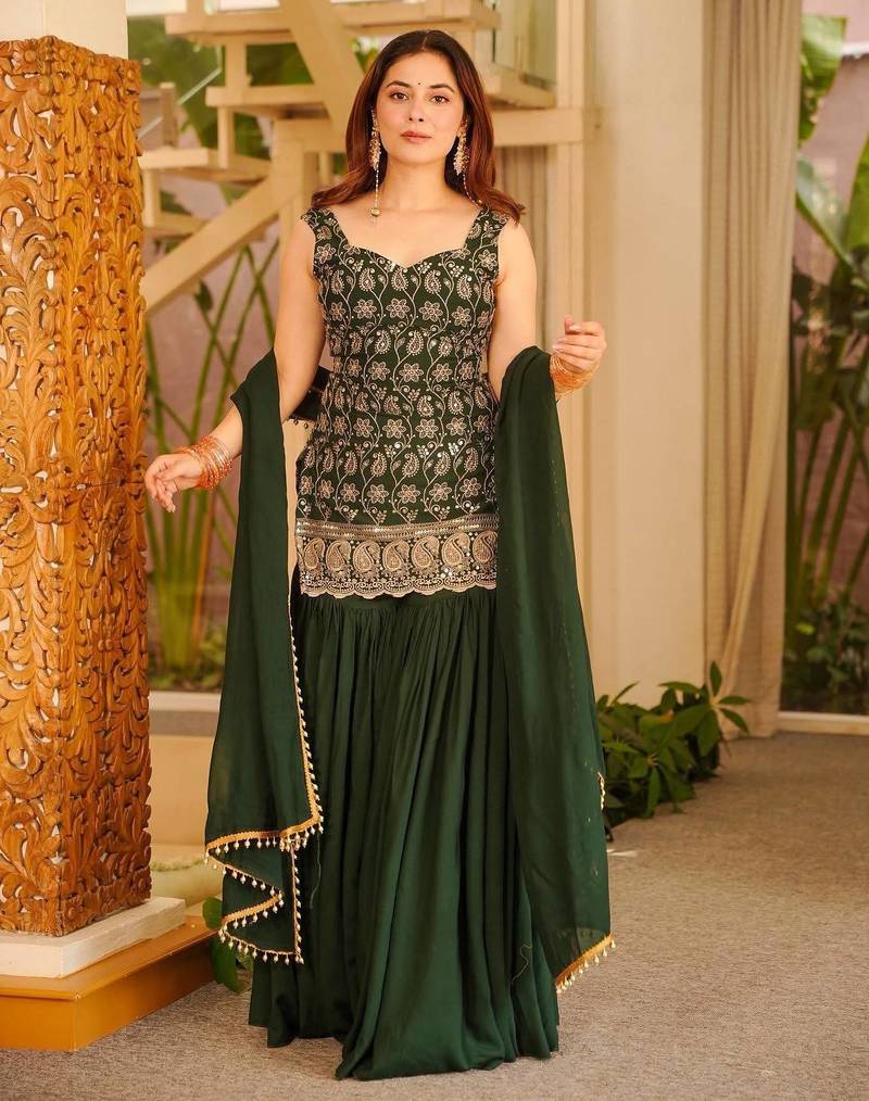 Dark green printed anarkali kurta set with dupatta