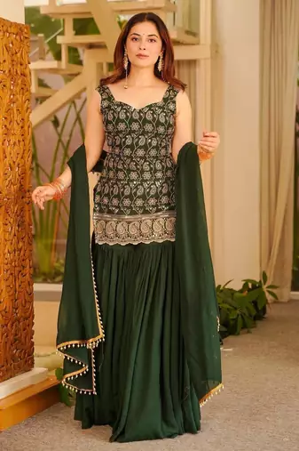 Dark green printed anarkali kurta set with dupatta