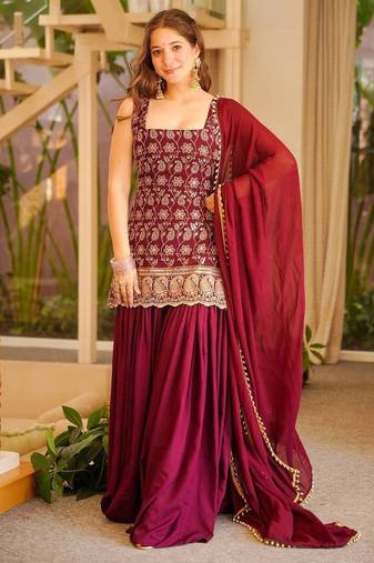 Maroon printed anarkali kurta set with dupatta
