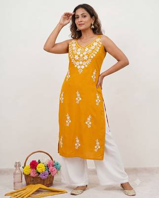 Yellow embroidered sleeveless kurti with white palazzo set for women 1