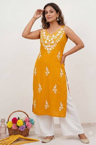 Yellow embroidered sleeveless kurti with white palazzo set for women
