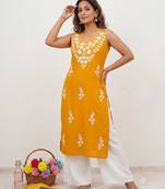 Yellow embroidered sleeveless kurti with white palazzo set for women