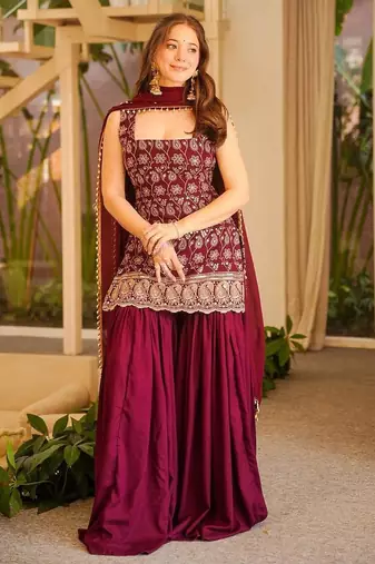 Maroon printed anarkali kurta set with dupatta